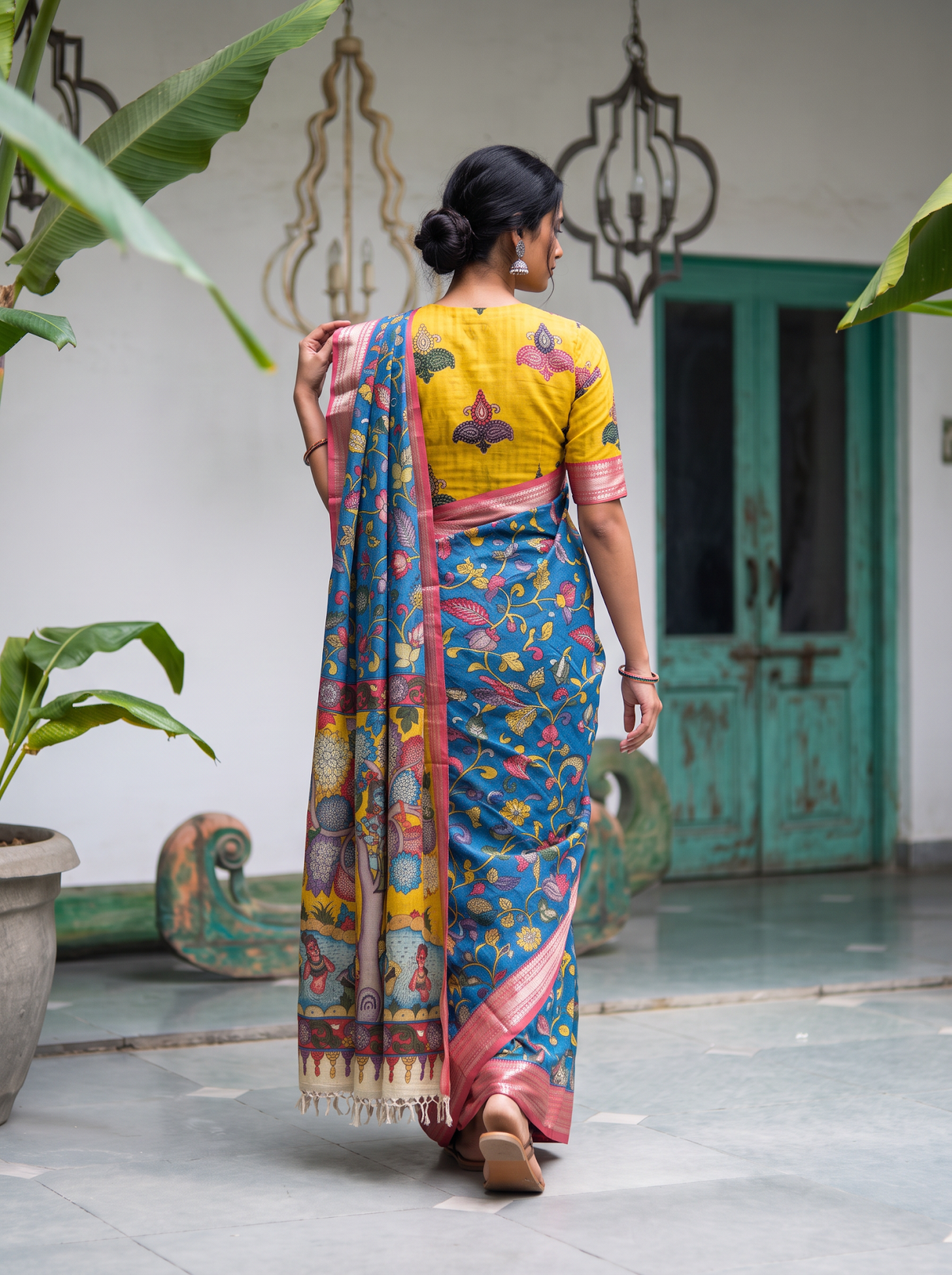 Back view with the yellow tree pallu and the pink border down the back, AI visual of the saree, iTokri