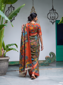 Back view of the green pen Kalamkari saree with the pallu over the shoulder, AI visual of the saree, iTokri