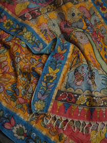 Detail of the tree and bathing figures on the mustard pallu, with blue vines and fringe, AI visual of the saree, iTokri