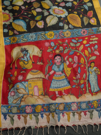Detail of the red pallu: a blue figure with a cow, a hut, a tree and tassels, AI visual of the saree, iTokri