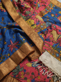 Royal blue pallu, gold woven border and painted deer of the Kalamkari saree, detail, AI visual of the saree, iTokri
