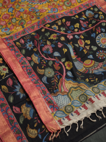 Peacock and flowering tree on the black pallu with coral border and fringe, detail, AI visual of the saree, iTokri