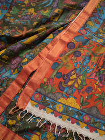 Swing scene pallu, gold striped border and tassels of the Kalamkari saree, detail, AI visual of the saree, iTokri