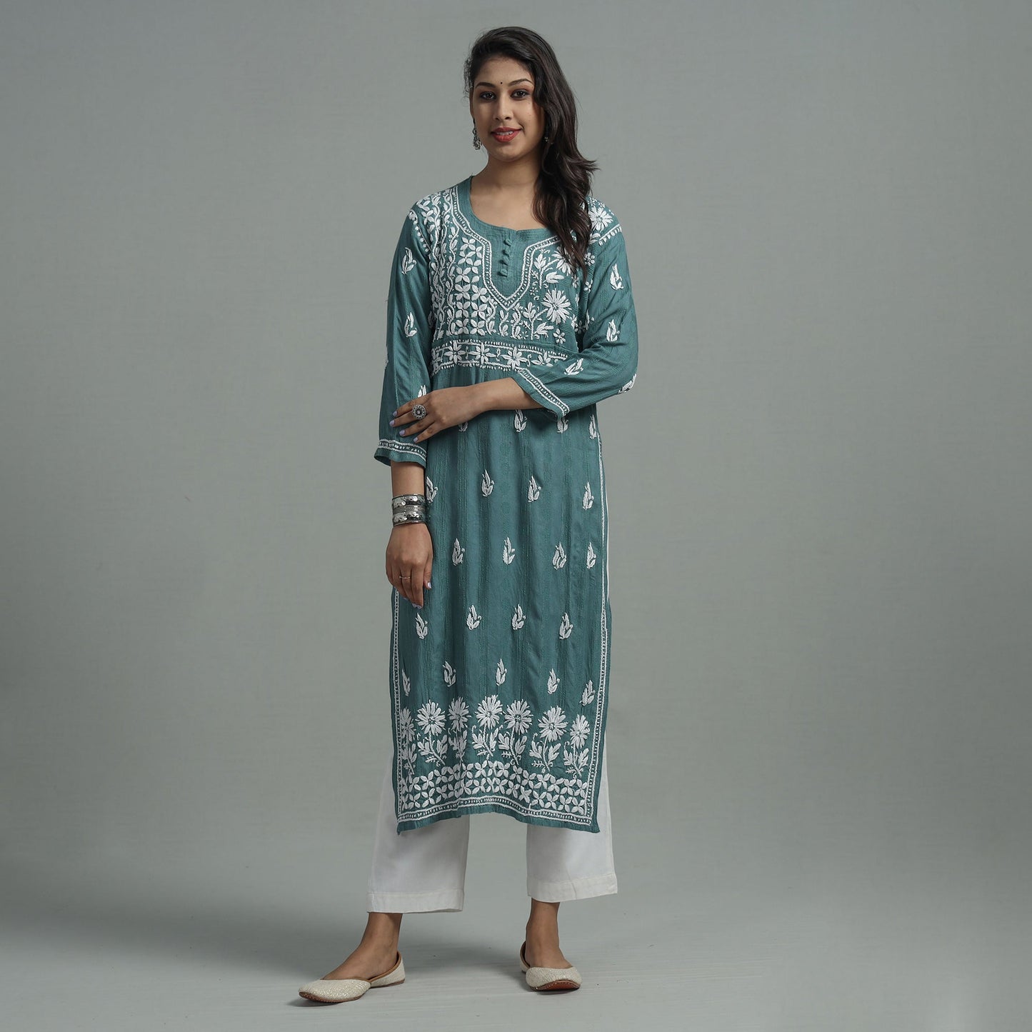 Buy Chikankari Hand Embroidered Cotton Long Kurta for Women