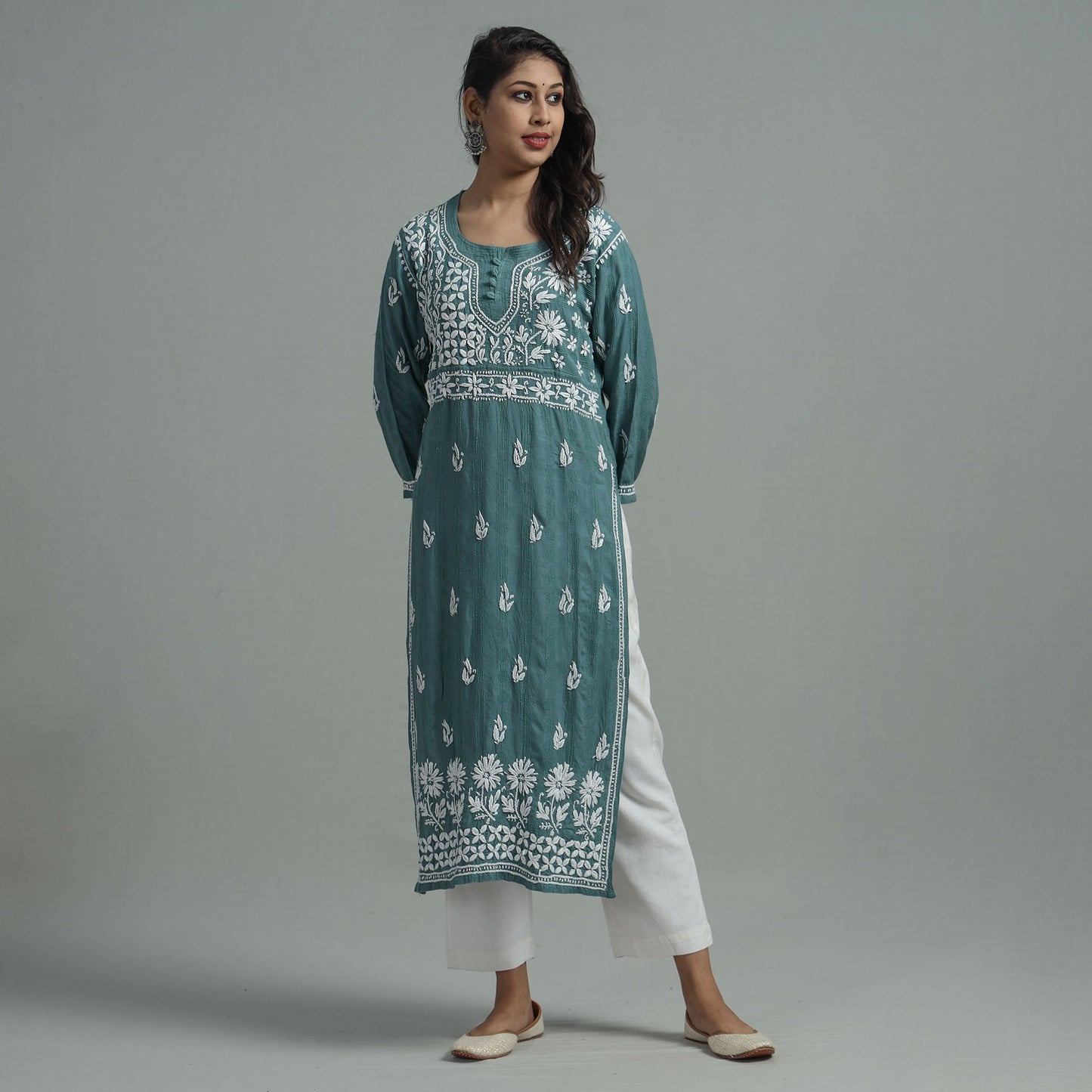 Buy Chikankari Hand Embroidered Cotton Long Kurta for Women