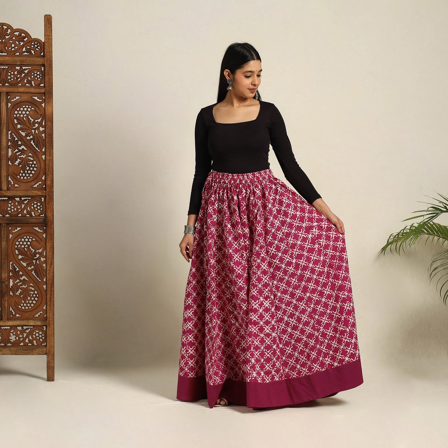 Pink 24 Kali  Patchwork Batik Print Cotton Long Skirt