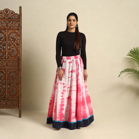 Pink - 24 Kali Shibori Tie-Dye Cotton Long Skirt with Ikat Border 09
