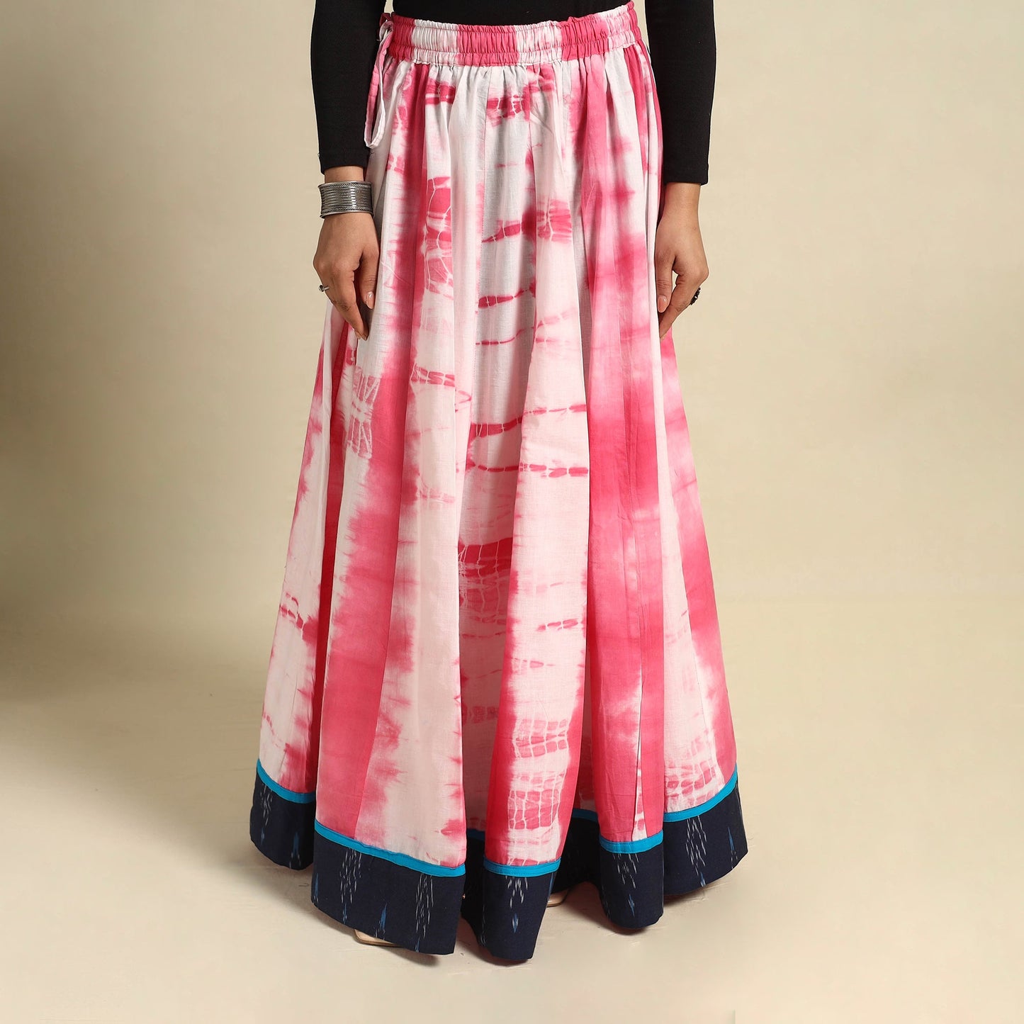 Pink - 24 Kali Shibori Tie-Dye Cotton Long Skirt with Ikat Border 09