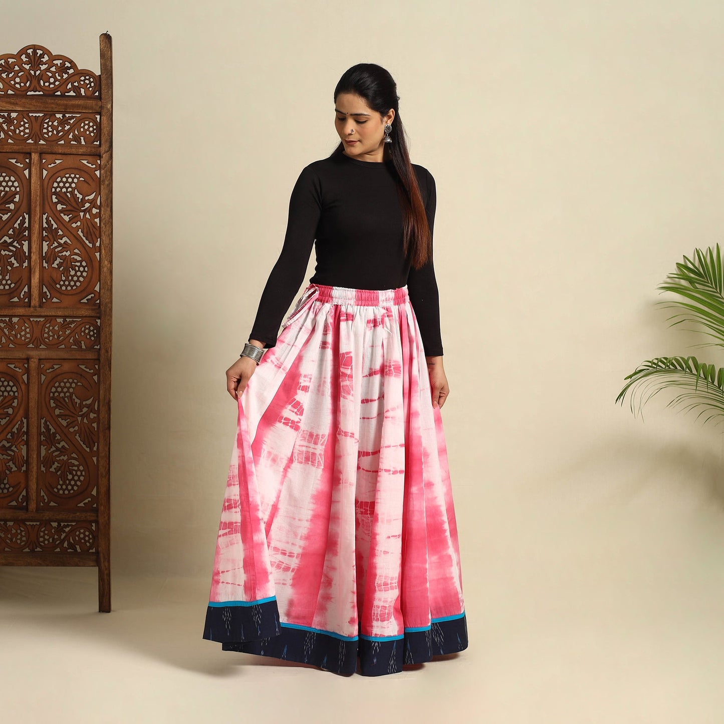 Pink - 24 Kali Shibori Tie-Dye Cotton Long Skirt with Ikat Border 09