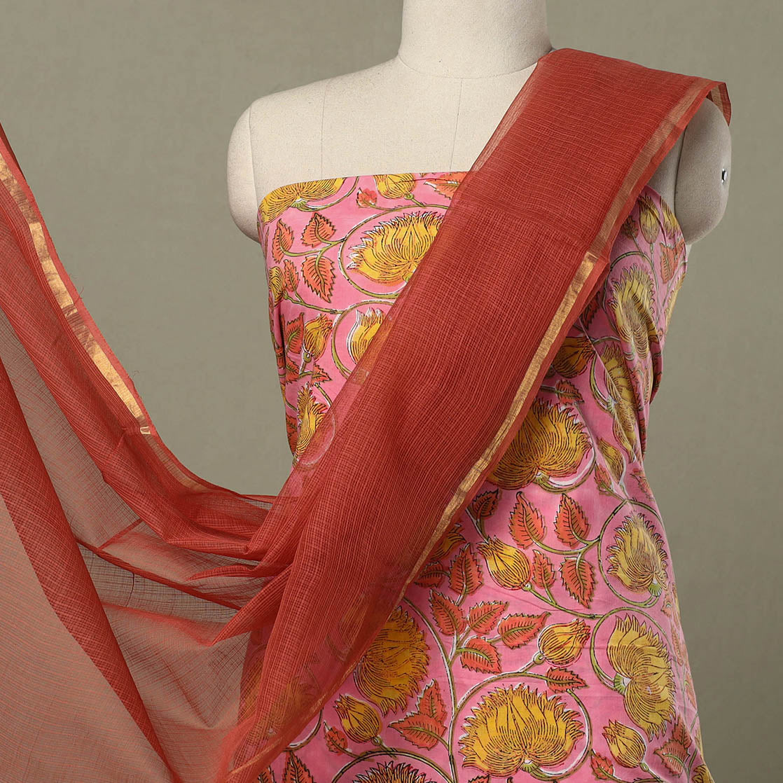  2pc Cotton Pink Sanganeri Print Kurta with Plain Dupatta