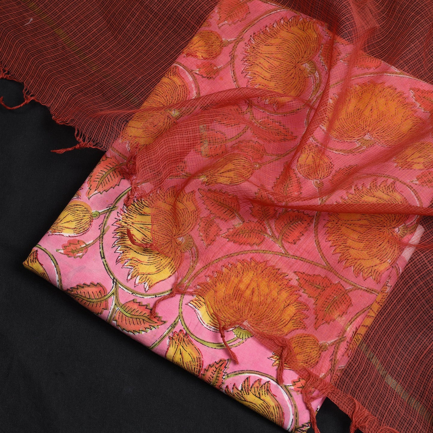  2pc Cotton Pink Sanganeri Print Kurta with Plain Dupatta