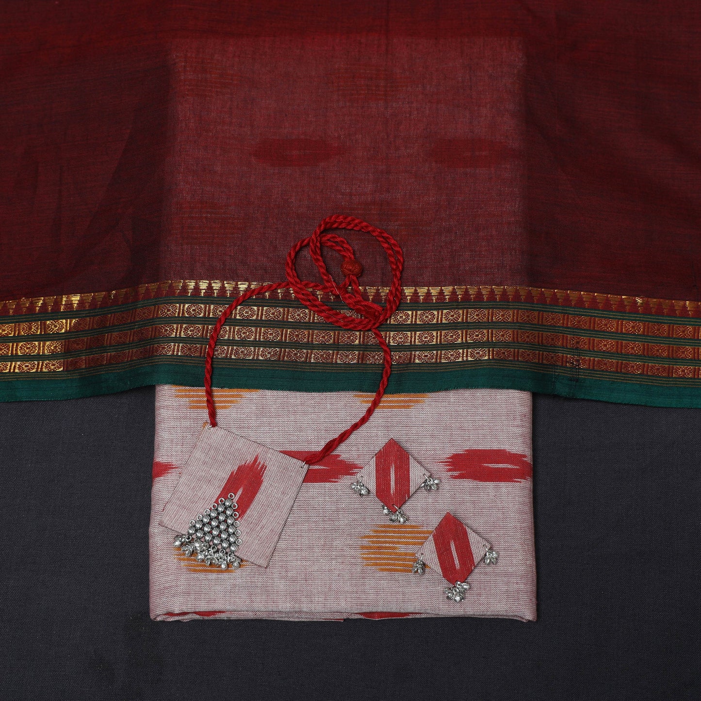 Pink - 2pc cotton unstitched pochampally ikat dress