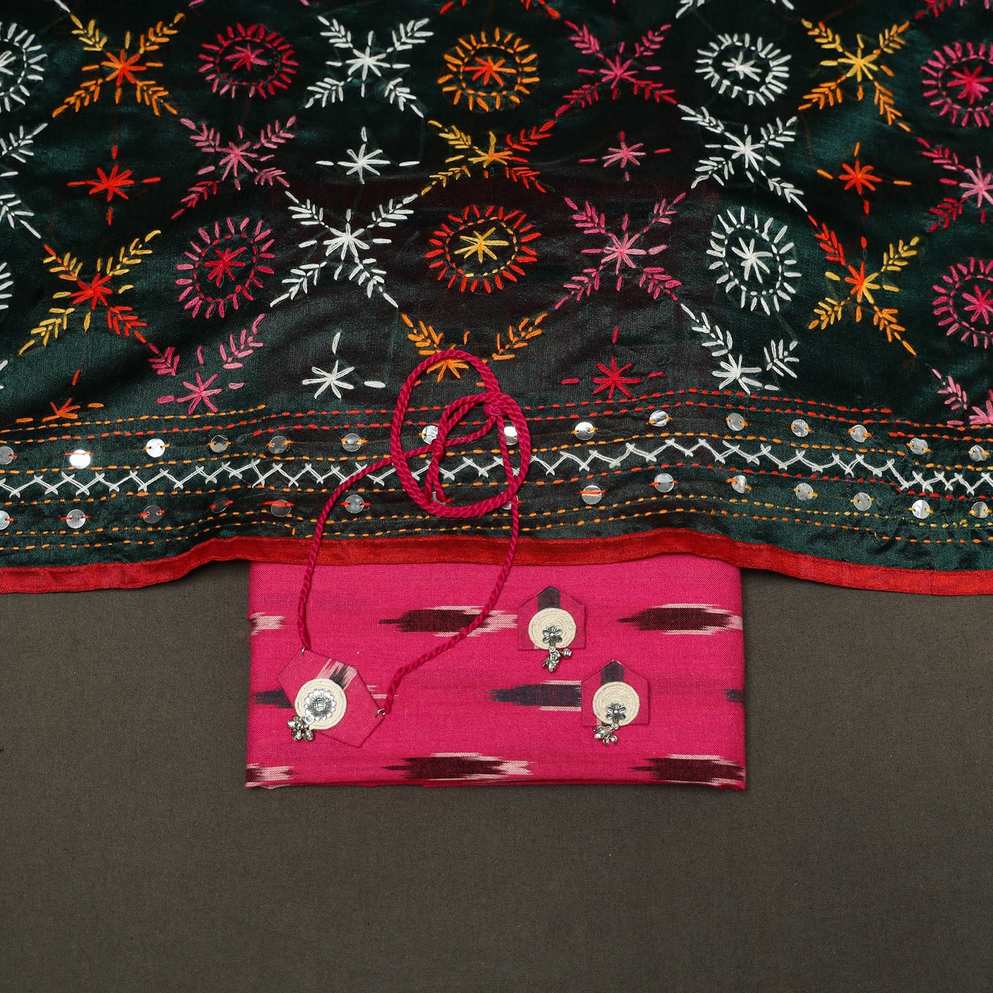 Pink - 2pc cotton unstitched pochampally ikat dress