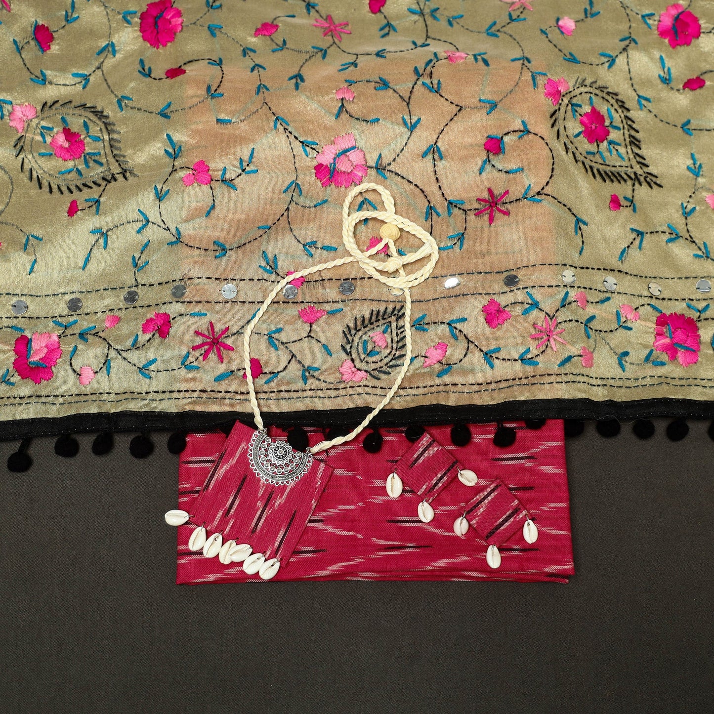 Pink - 2pc cotton unstitched pochampally ikat dress