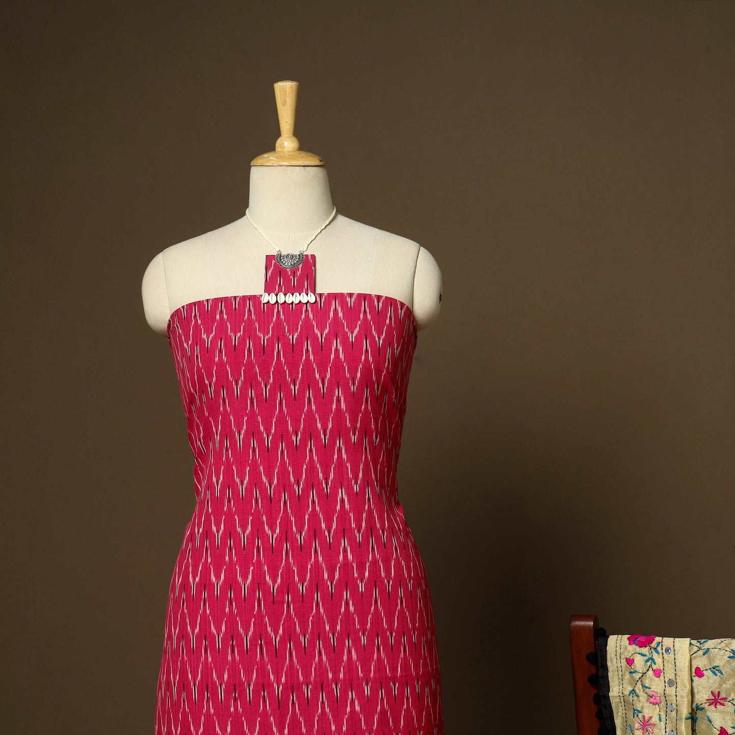 Pink - 2pc cotton unstitched pochampally ikat dress