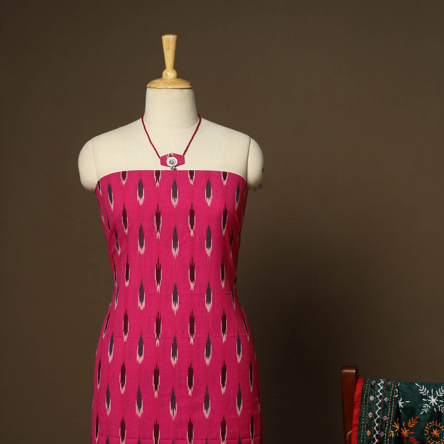 Pink - 2pc cotton unstitched pochampally ikat dress
