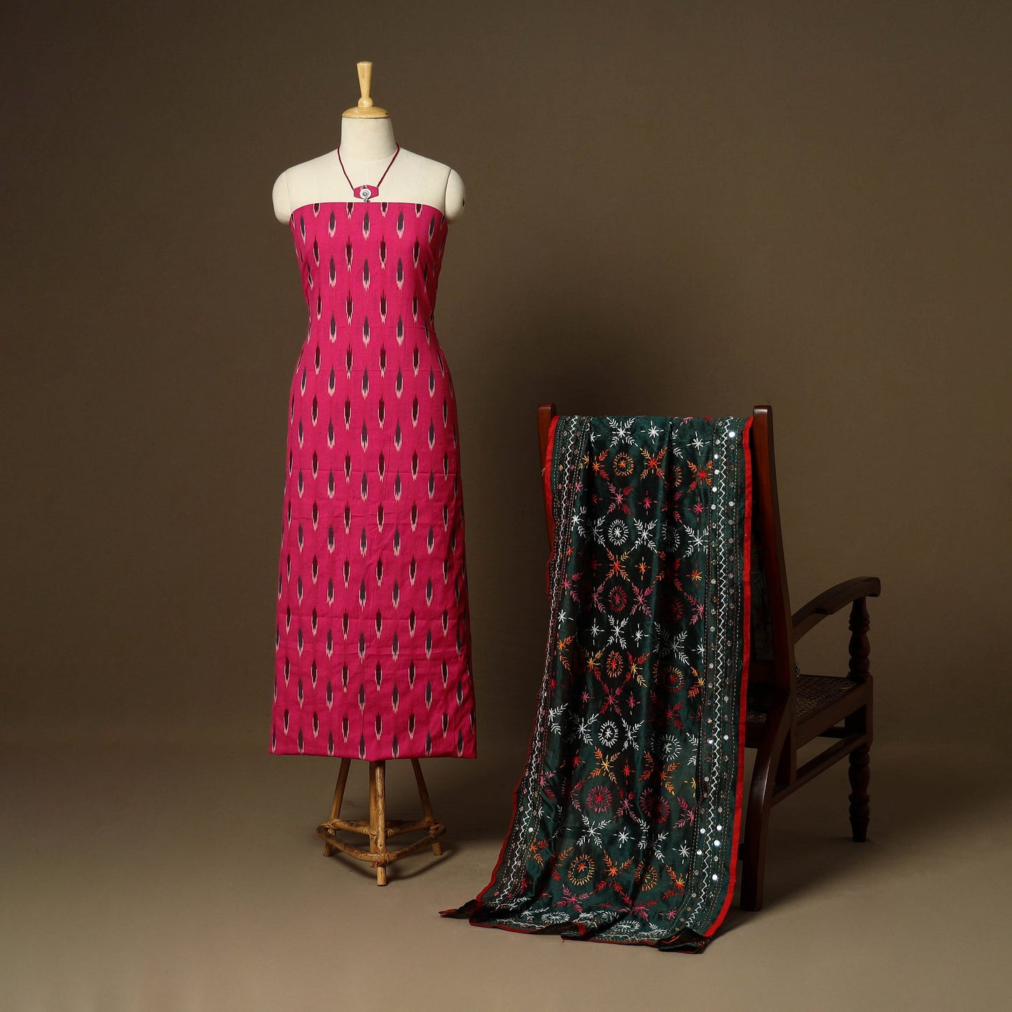 Pink - 2pc cotton unstitched pochampally ikat dress