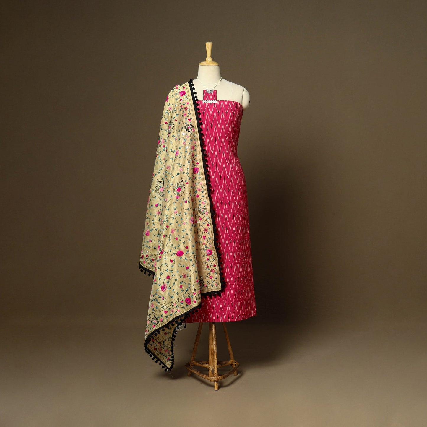 Pink - 2pc cotton unstitched pochampally ikat dress