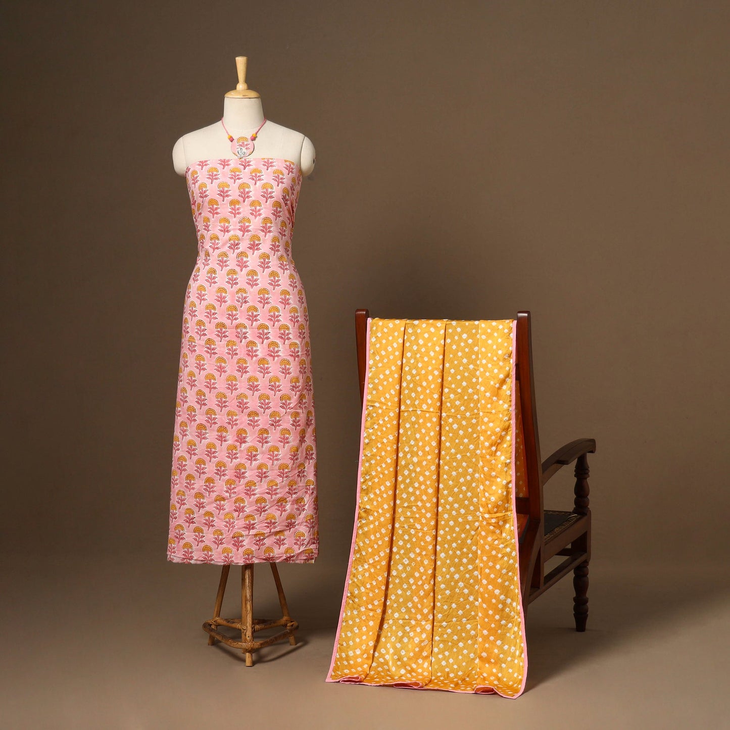 Pink - 2pc cotton unstitched sanganeri dress material