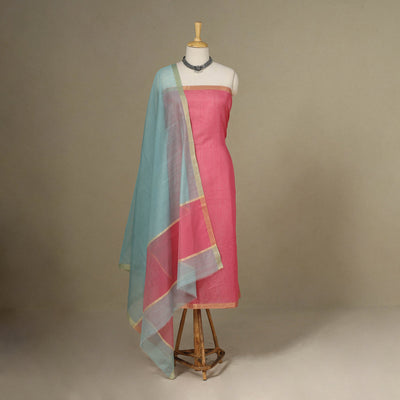 Pink - 2pc Handloom Unstitched Chanderi Silk Dress Material 