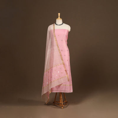 Pink - 2pc handloom zari buta unstitched chanderi silk