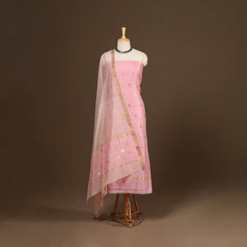 Pink - 2pc handloom zari buta unstitched chanderi silk
