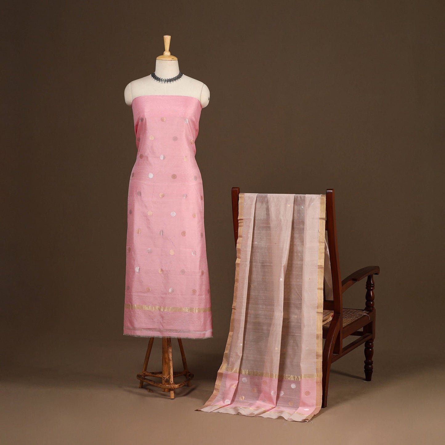 Pink - 2pc handloom zari buta unstitched chanderi silk