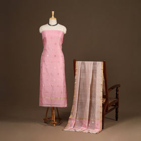 Pink - 2pc handloom zari buta unstitched chanderi silk