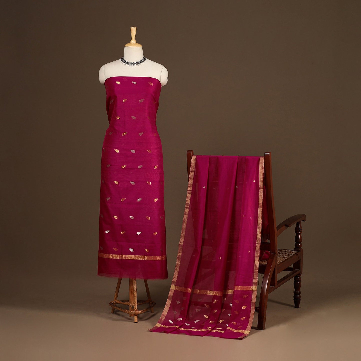 Pink - 2pc handloom zari buta unstitched chanderi silk