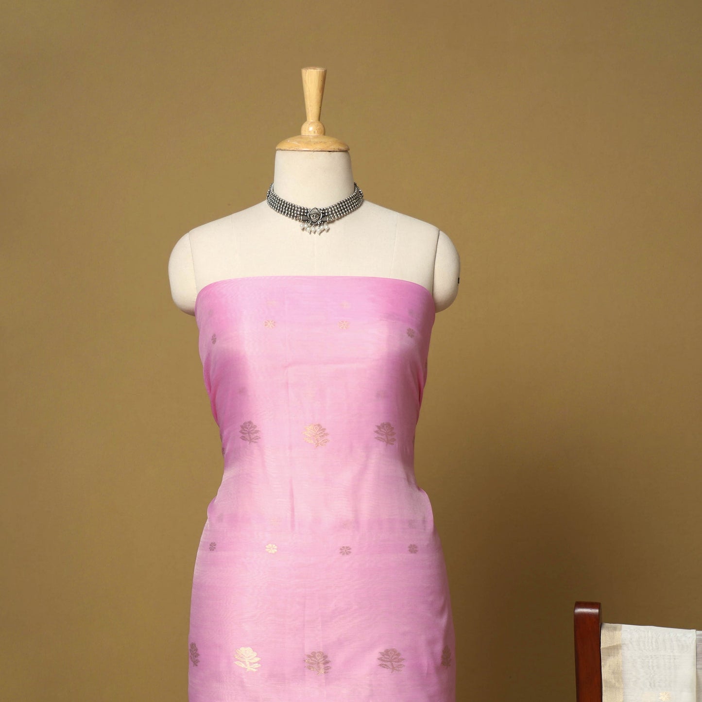 Pink - 2pc handloom zari buta unstitched chanderi silk