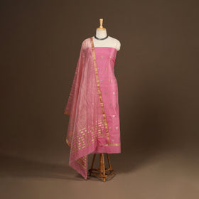 Pink - 2pc handloom zari buta unstitched chanderi silk