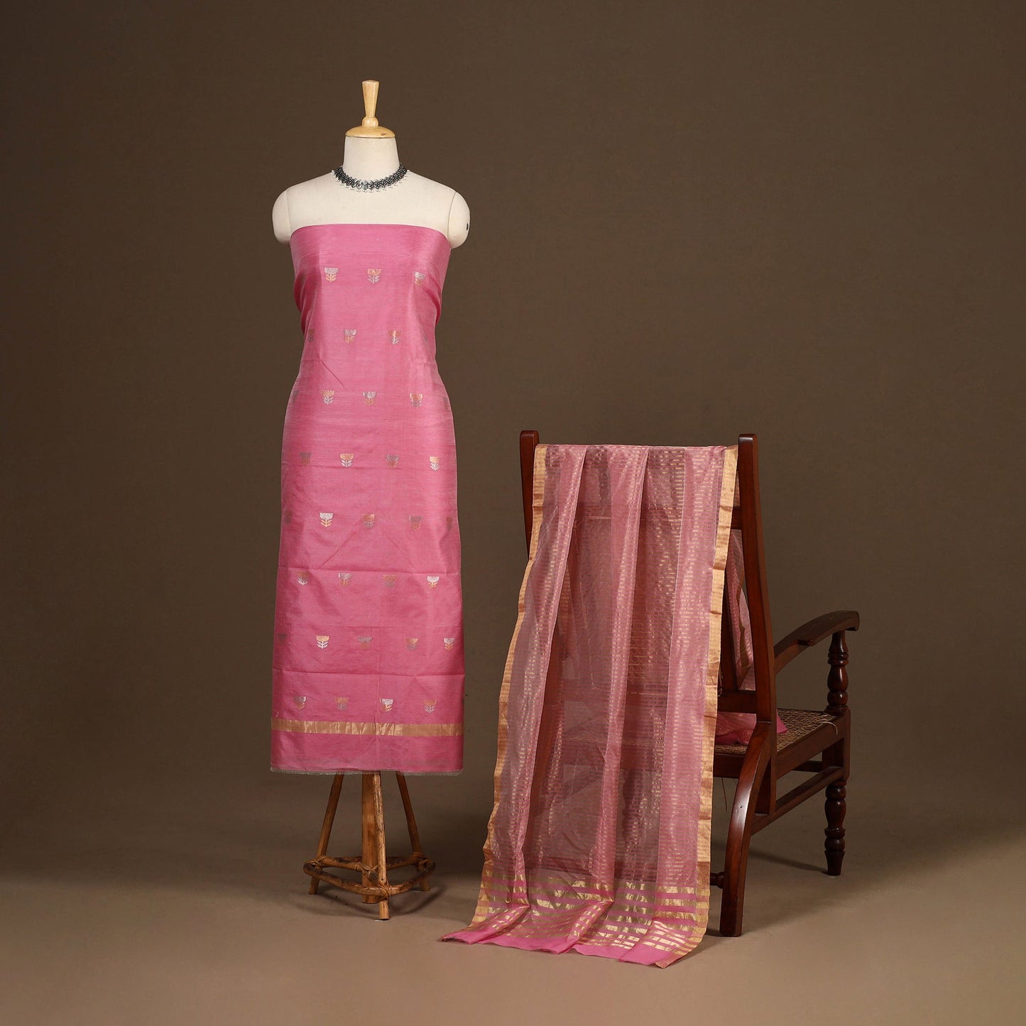 Pink - 2pc handloom zari buta unstitched chanderi silk