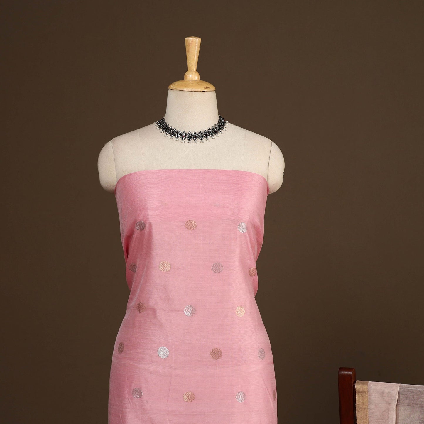 Pink - 2pc handloom zari buta unstitched chanderi silk