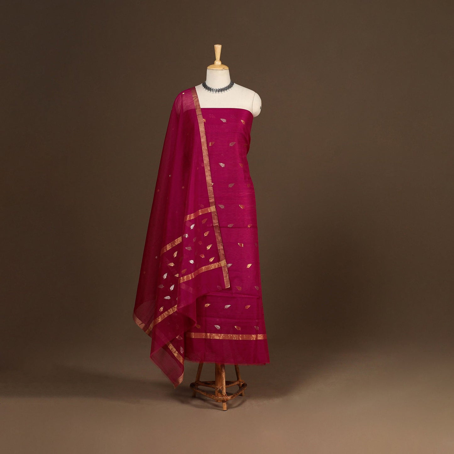Pink - 2pc handloom zari buta unstitched chanderi silk