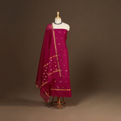 Pink - 2pc handloom zari buta unstitched chanderi silk