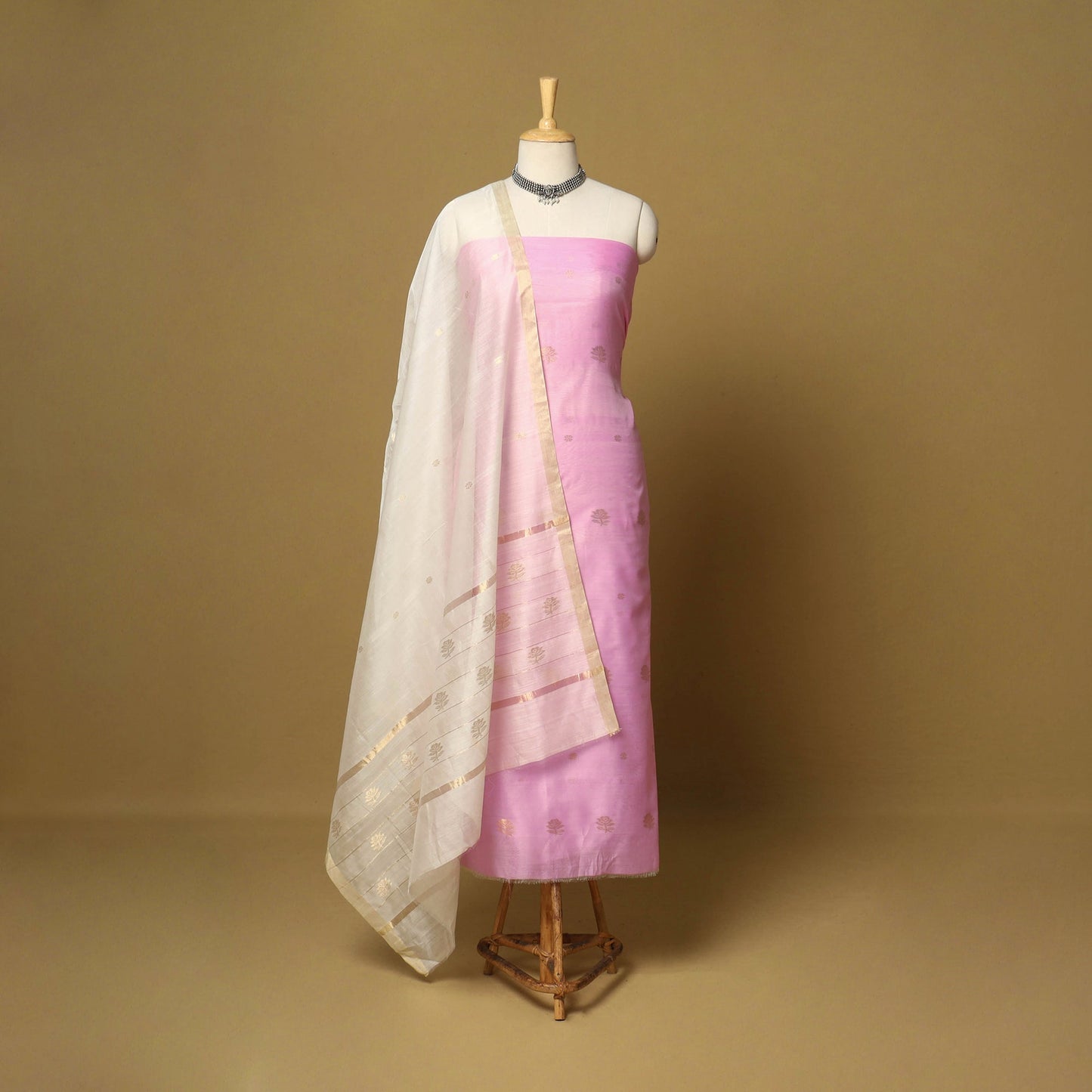 Pink - 2pc handloom zari buta unstitched chanderi silk