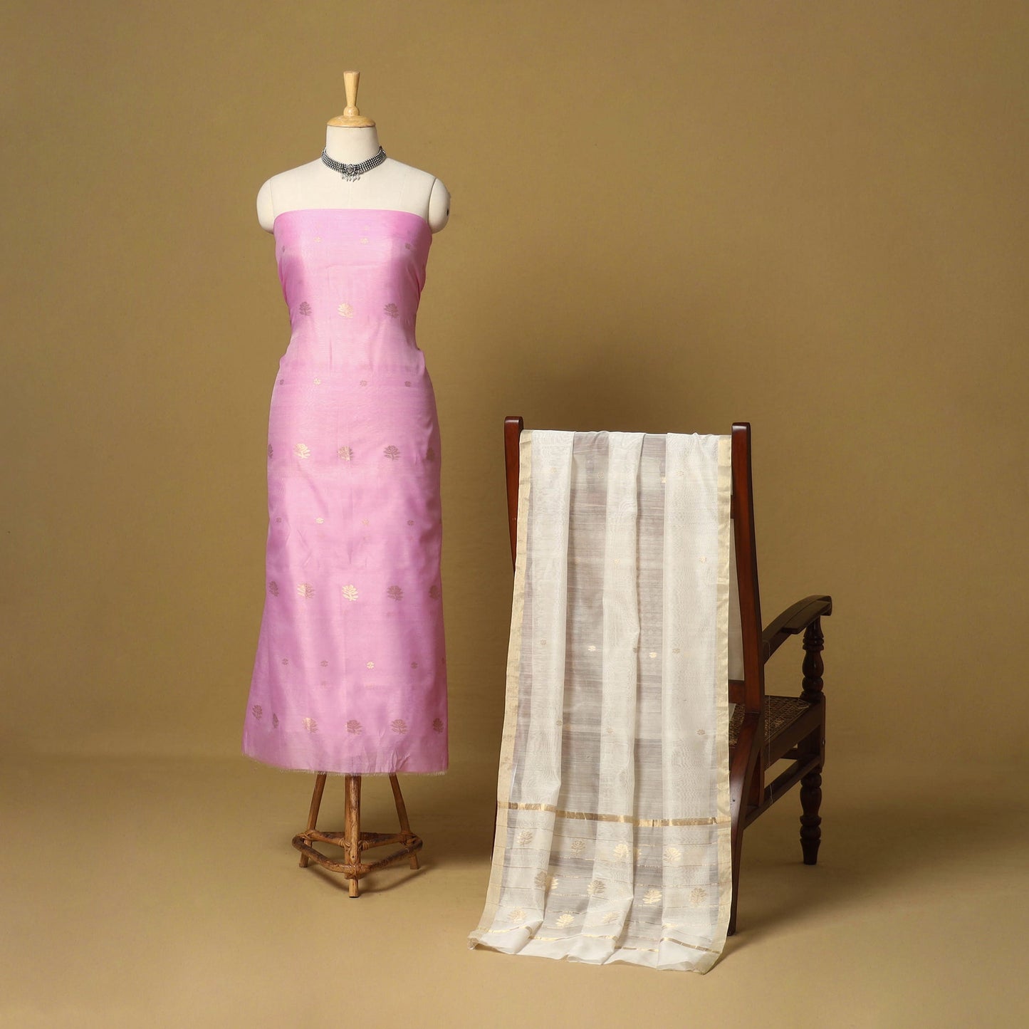 Pink - 2pc handloom zari buta unstitched chanderi silk