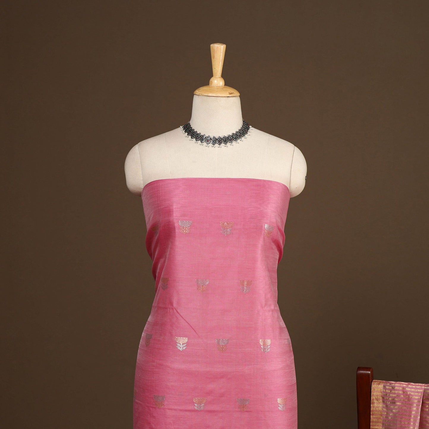 Pink - 2pc handloom zari buta unstitched chanderi silk