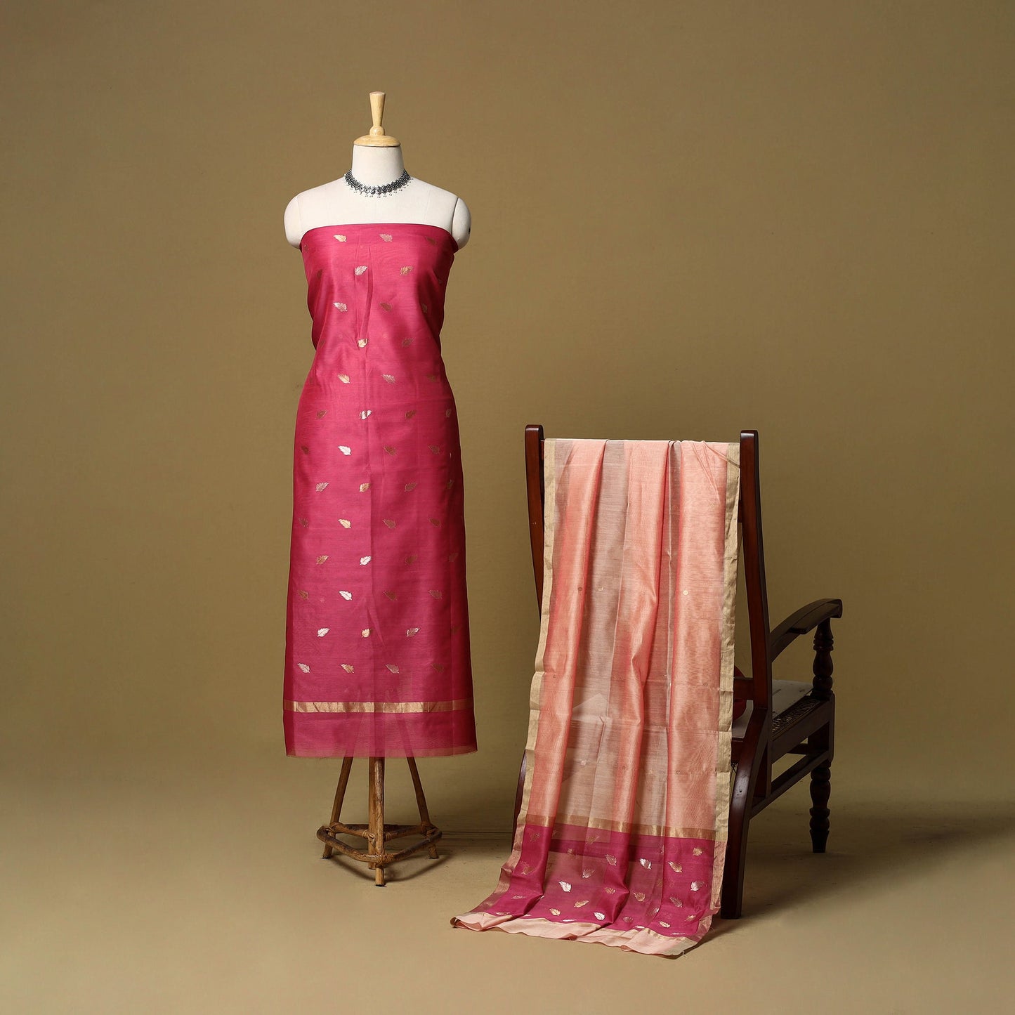 Red - peach - 2pc handloom zari buti unstitched chanderi