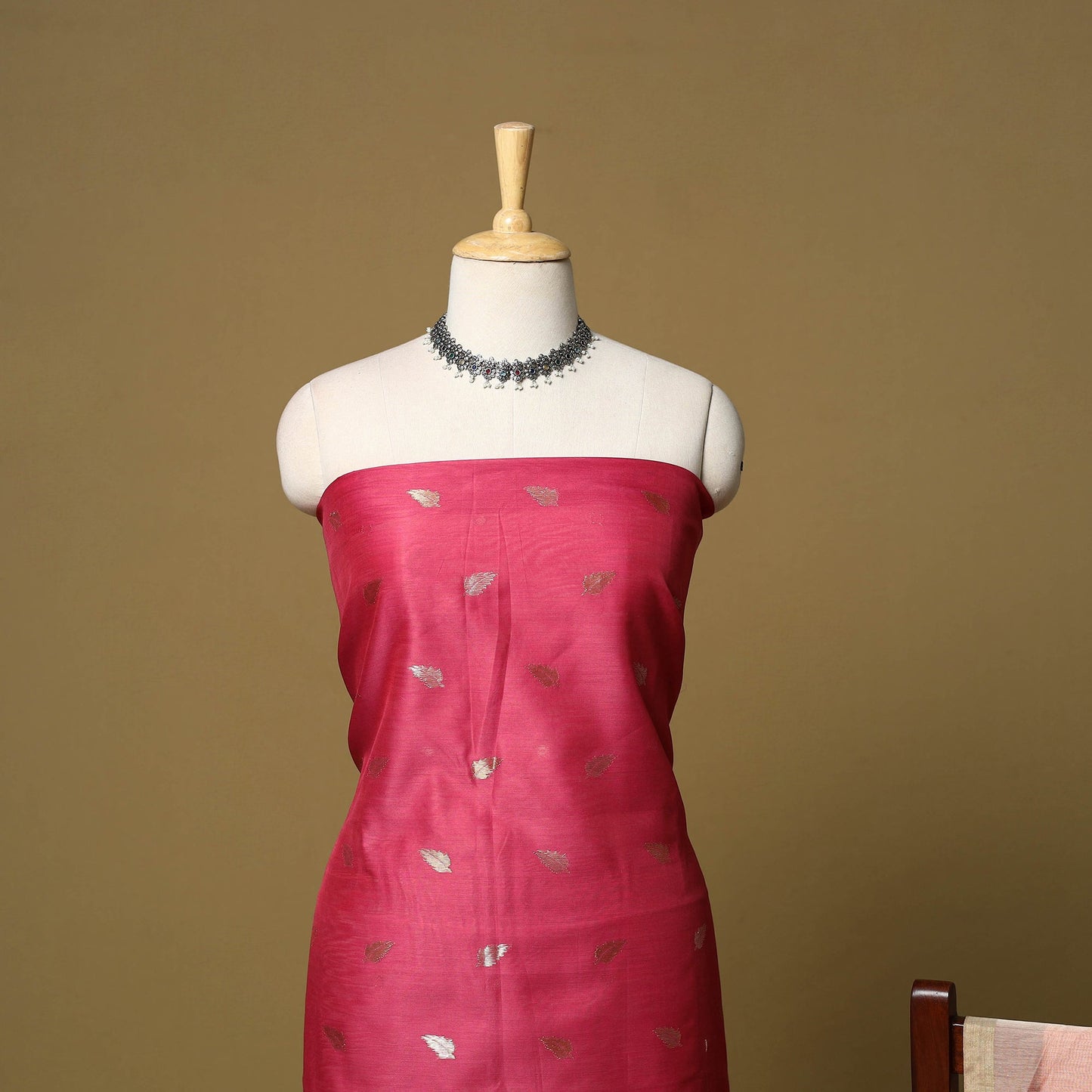 Red - peach - 2pc handloom zari buti unstitched chanderi