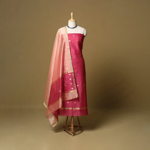 Red - peach - 2pc handloom zari buti unstitched chanderi