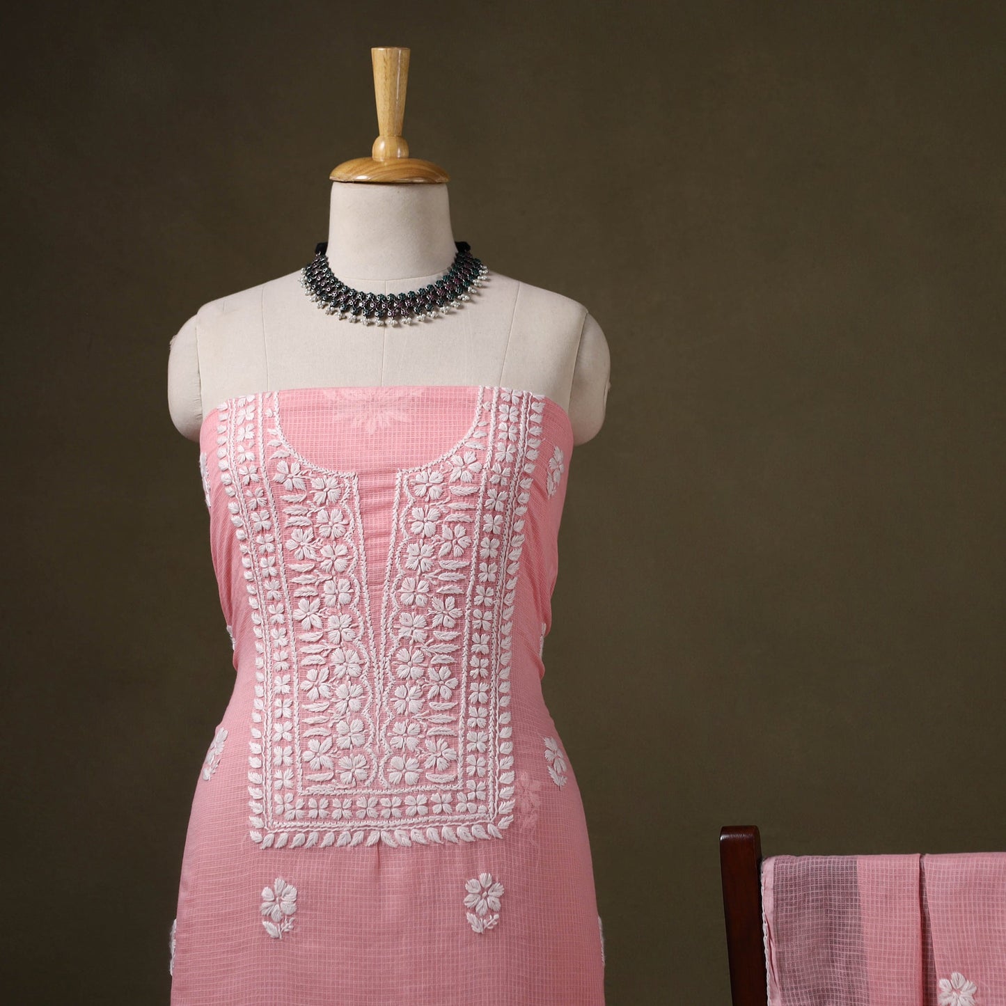 Pink 2pc Kota Doria Cotton Lucknow Chikankari Dress Material 