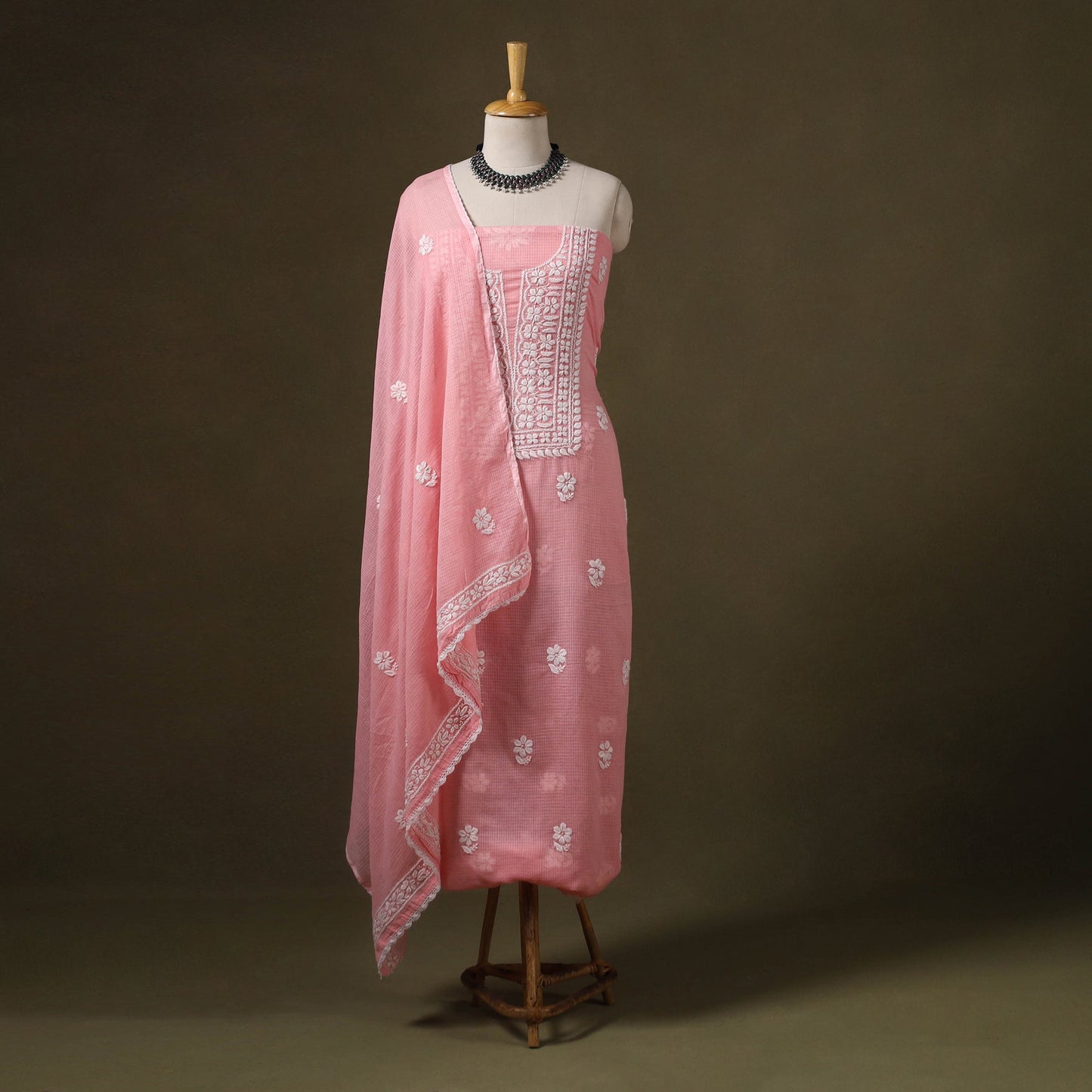 Pink 2pc Kota Doria Cotton Lucknow Chikankari Dress Material 