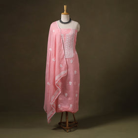 Pink 2pc Kota Doria Cotton Lucknow Chikankari Dress Material 