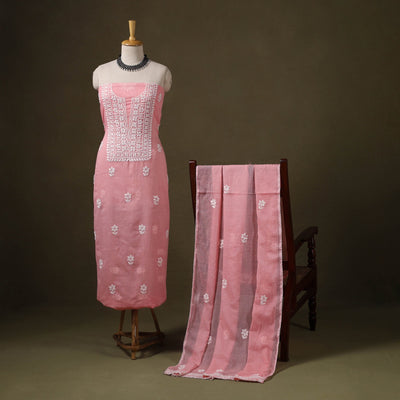 Pink 2pc Kota Doria Cotton Lucknow Chikankari Dress Material 