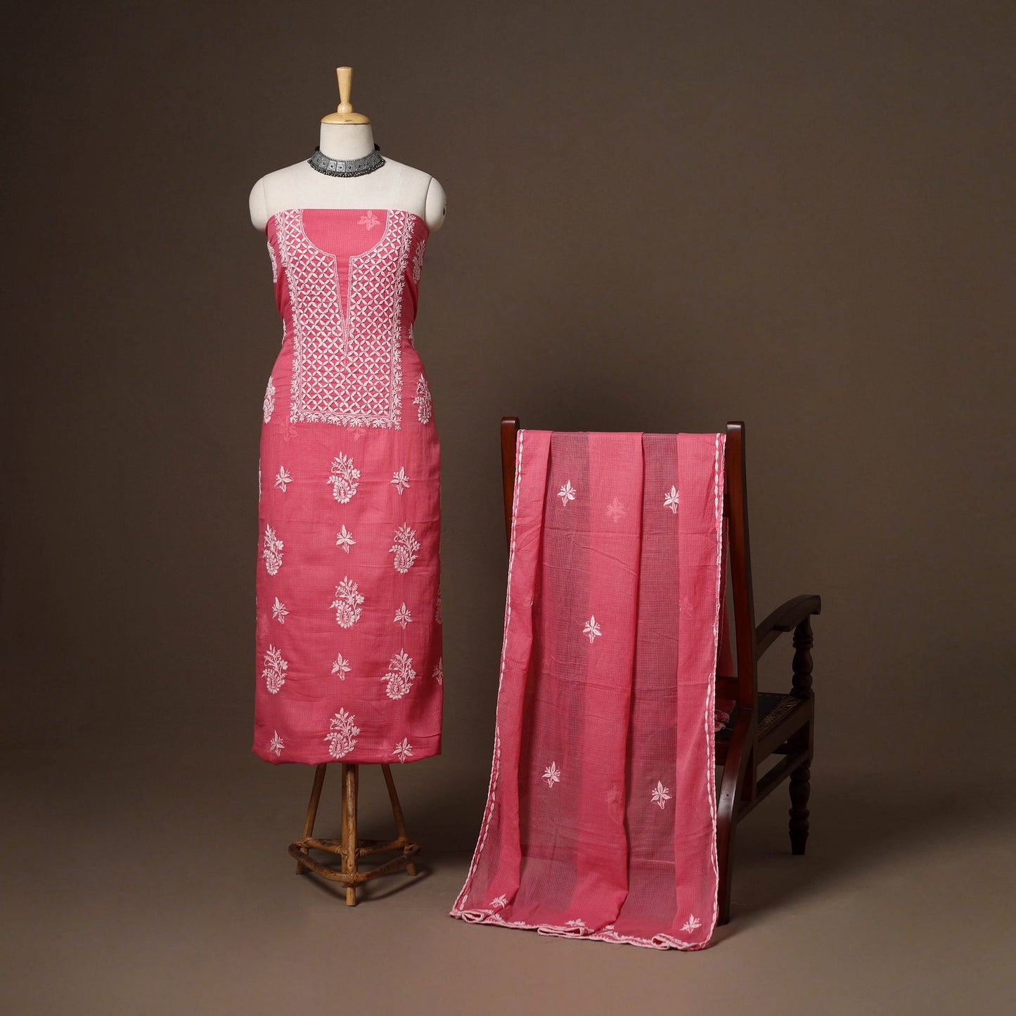 Pink - 2pc kota doria cotton unstitched lucknow chikankari