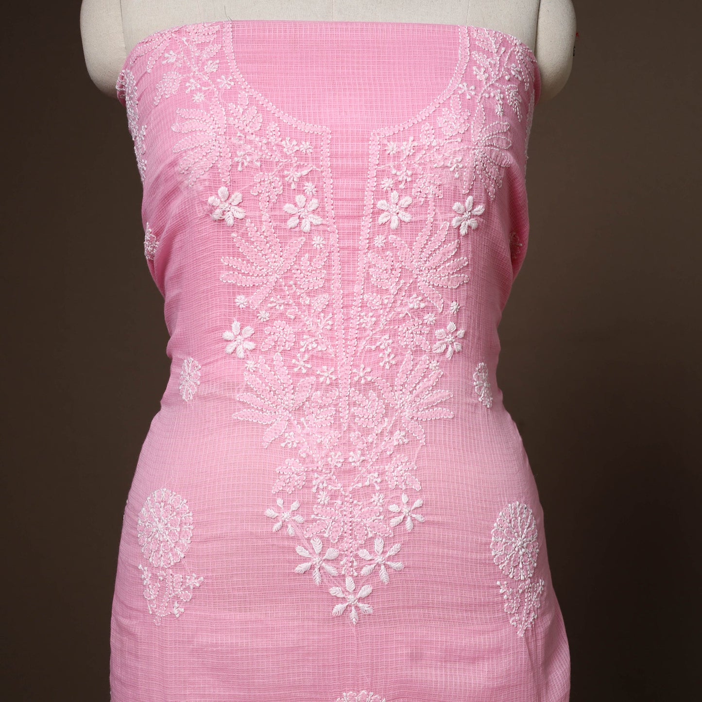 Pink - 2pc kota doria cotton unstitched lucknow chikankari