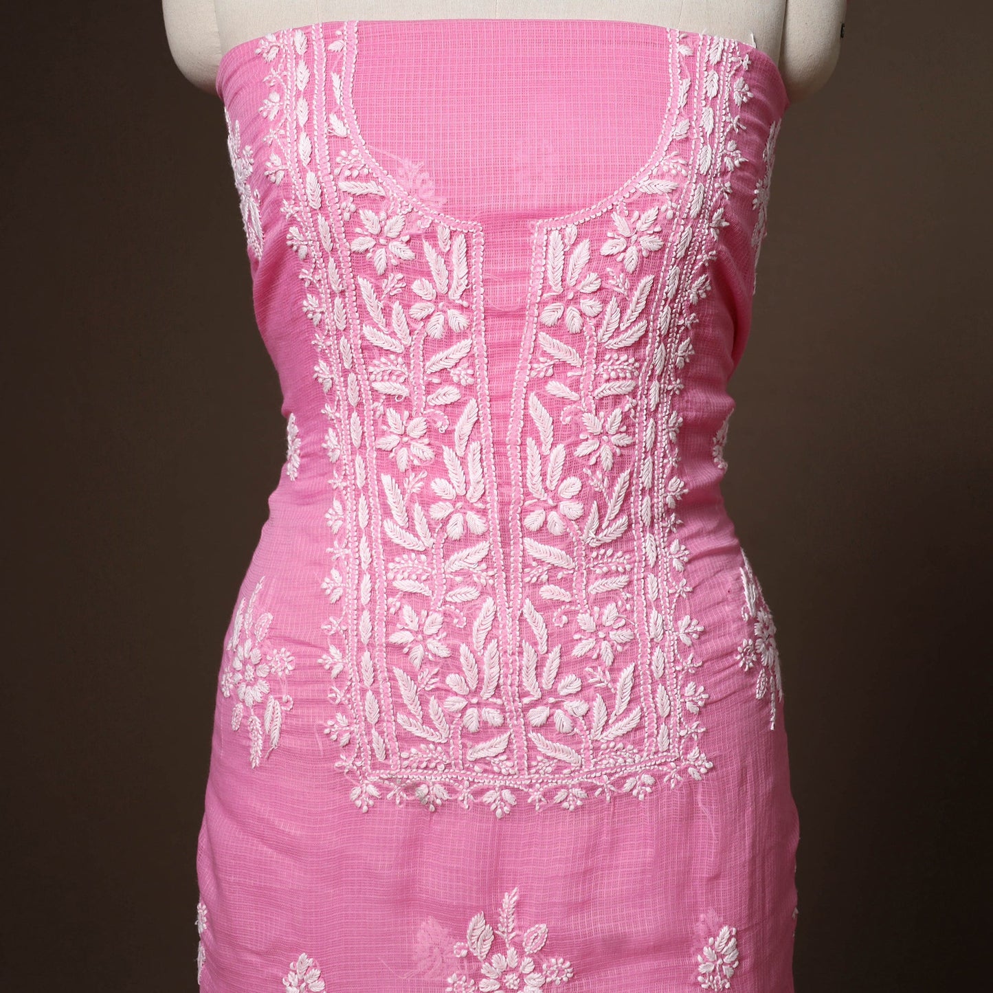 Pink - 2pc kota doria cotton unstitched lucknow chikankari