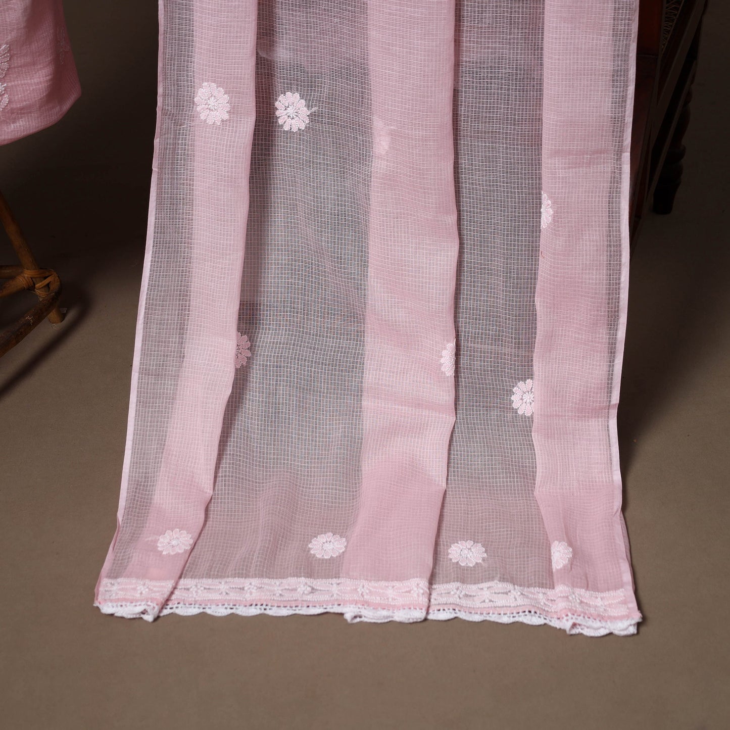 Pink - 2pc kota doria cotton unstitched lucknow chikankari