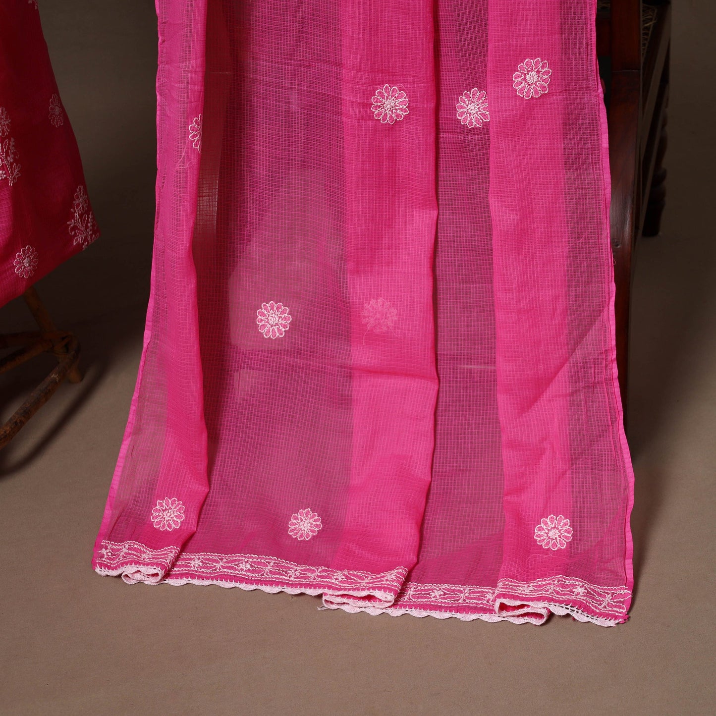 Pink - 2pc kota doria cotton unstitched lucknow chikankari